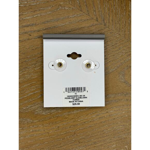 Style & Co Gold Tone Green Double Drop Dangle Earrings Faceted Stone - Picture 2 of 2